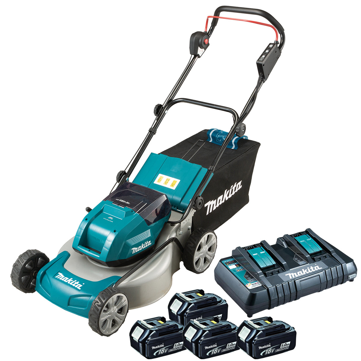 Makita DLM460PT4 36V LXT Brushless 460mm Lawn Mower With 4 x 5.0Ah Batteries & Charger