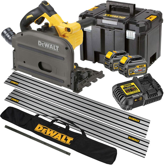 DeWalt DCS520T2 54V Flexvolt Brushless 165mm Plunge Saw with 2 x 6.0Ah Batteries & Charger in Case with Accessories
