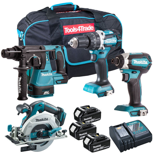 Makita 18V Brushless 4 Piece Tool Kit with 3 x 5.0Ah Batteries Charger & Bag