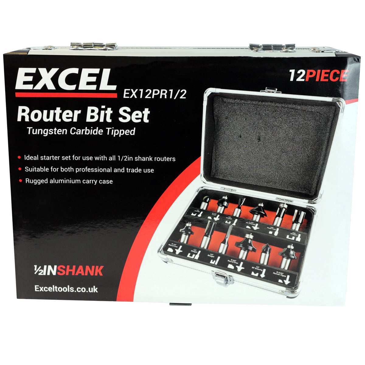 Excel 1/2in Shank TCT Router Cutter Bit 12 Piece Set