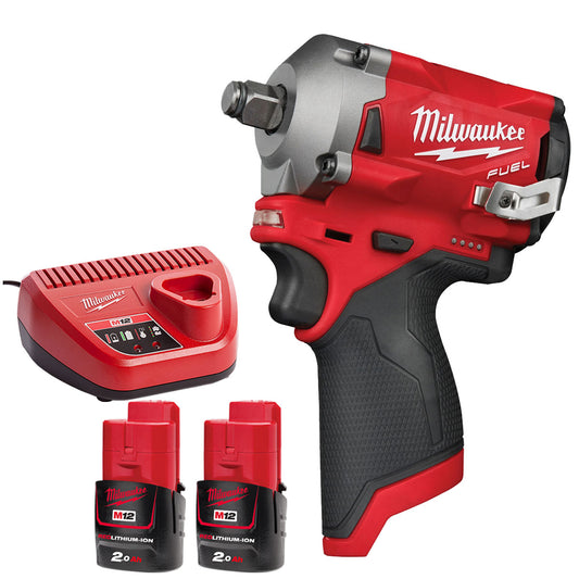 Milwaukee M12FIWF12-0 12V 1/2" Fuel Brushless Impact Wrench with 2 x 2.0Ah Batteries & Charger