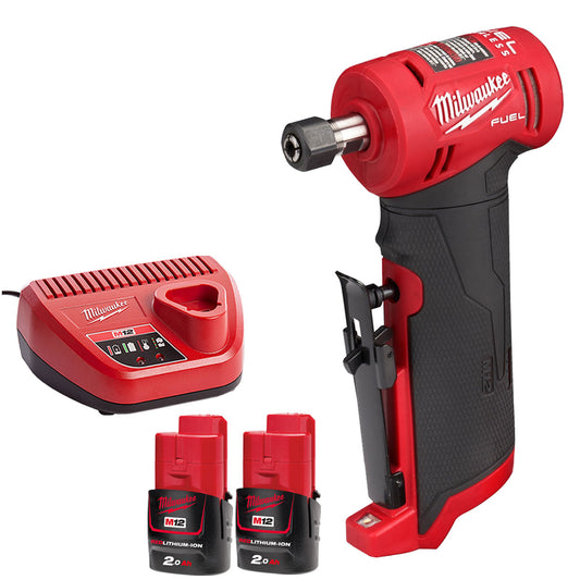 Milwaukee M12FDGA-0 12V Fuel Brushless Angled Die Grinder with 2 x 2.0Ah Batteries & Charger