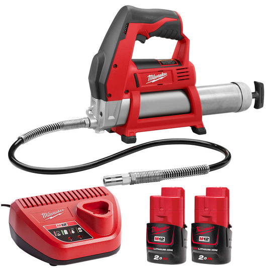Milwaukee M12GG-0 12V Cordless Grease Gun with 2 x 2.0Ah Batteries & Charger