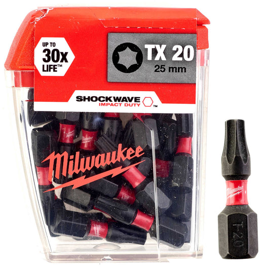 Milwaukee Shockwave TX20 1/4" 25mm Screwdriver Bit Box 25 Piece 4932430875