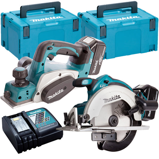 Makita T4T1180TJ 18V 165mm Circular Saw + 82mm Planer Twin Pack with 2 x 5.0Ah Batteries & Charger in Case