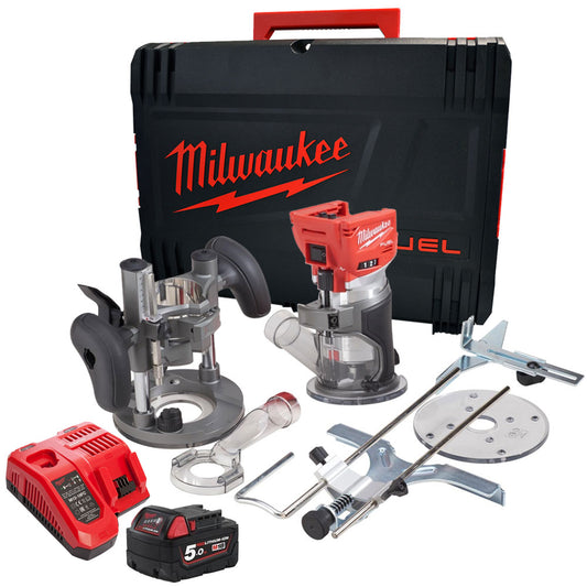 Milwaukee M18FTR-0 18V Brushless Trim Router with 1 x 5.0Ah Battery Charger in Case