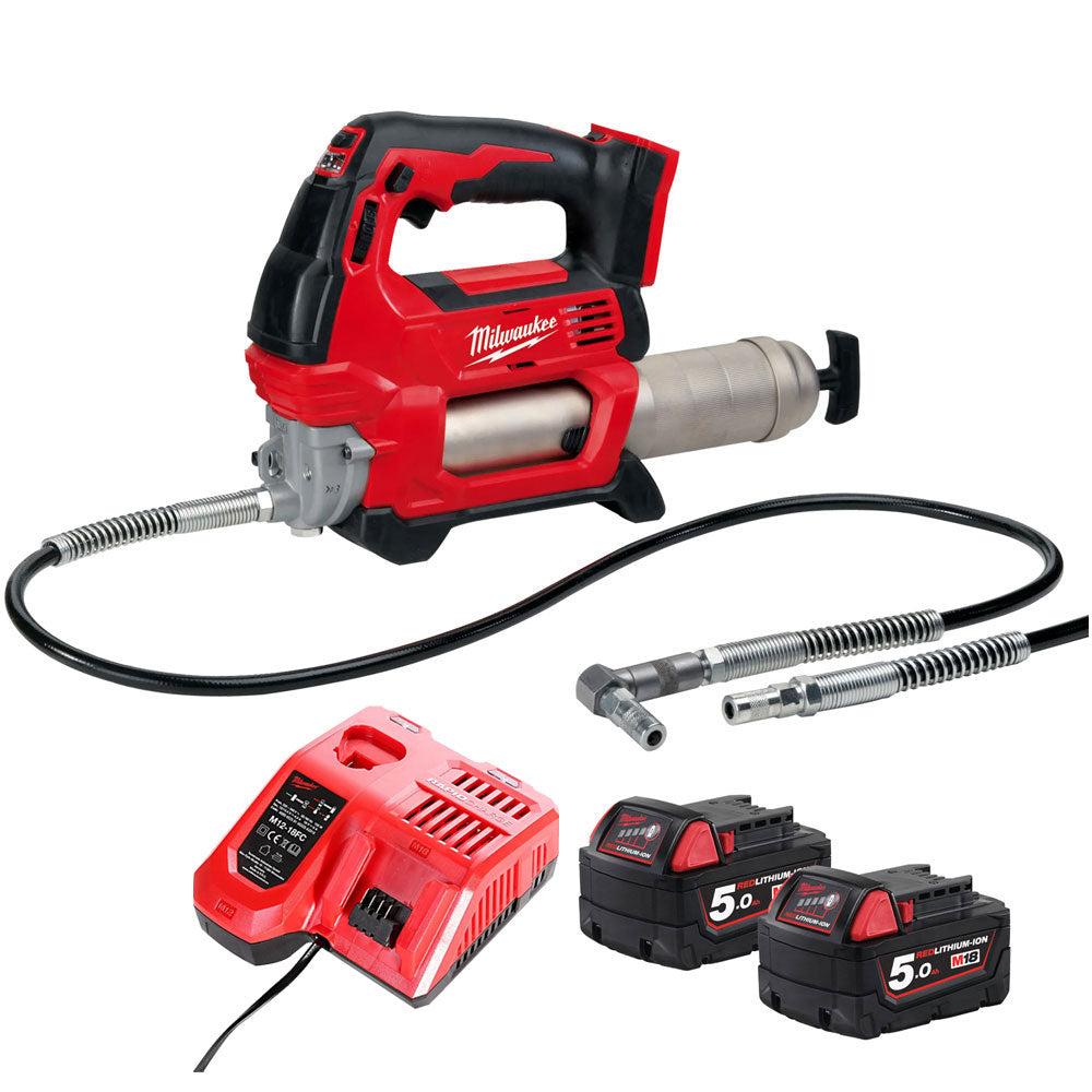 Milwaukee M18GG-0 18V M18 Cordless Grease Gun with 2 x 5.0Ah Batteries & Charger