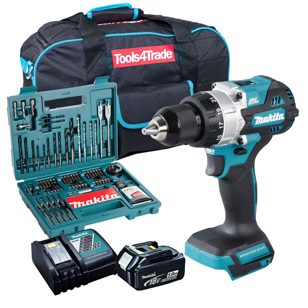 Makita DHP486Z 18V Brushless Combi Drill with 1 x 5.0Ah Battery + Charger + 100 Accessories & Tool Bag