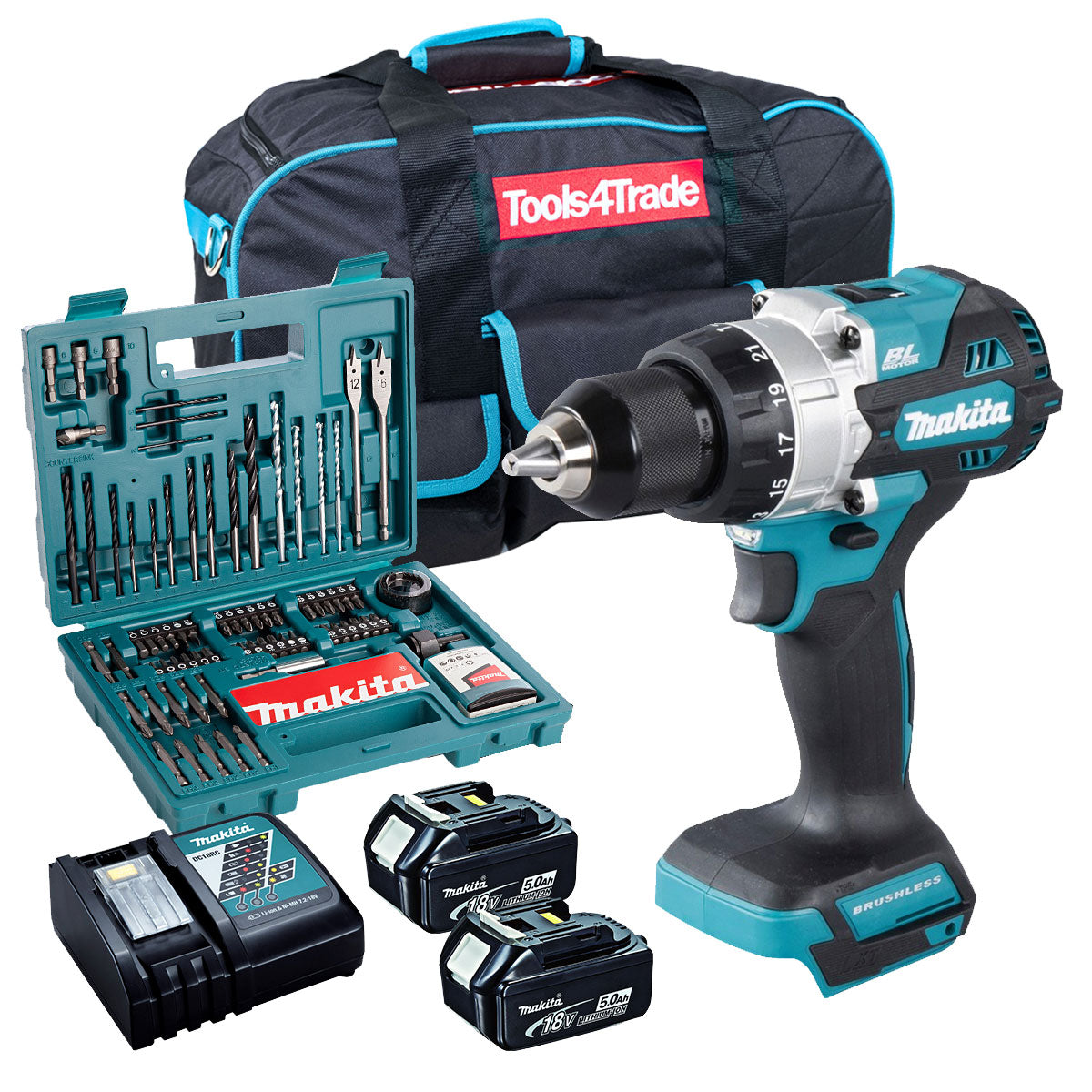 Makita DHP486Z 18V Brushless Combi Drill with 2 x 5.0Ah Battery + Charger + Accessories & Tool Bag