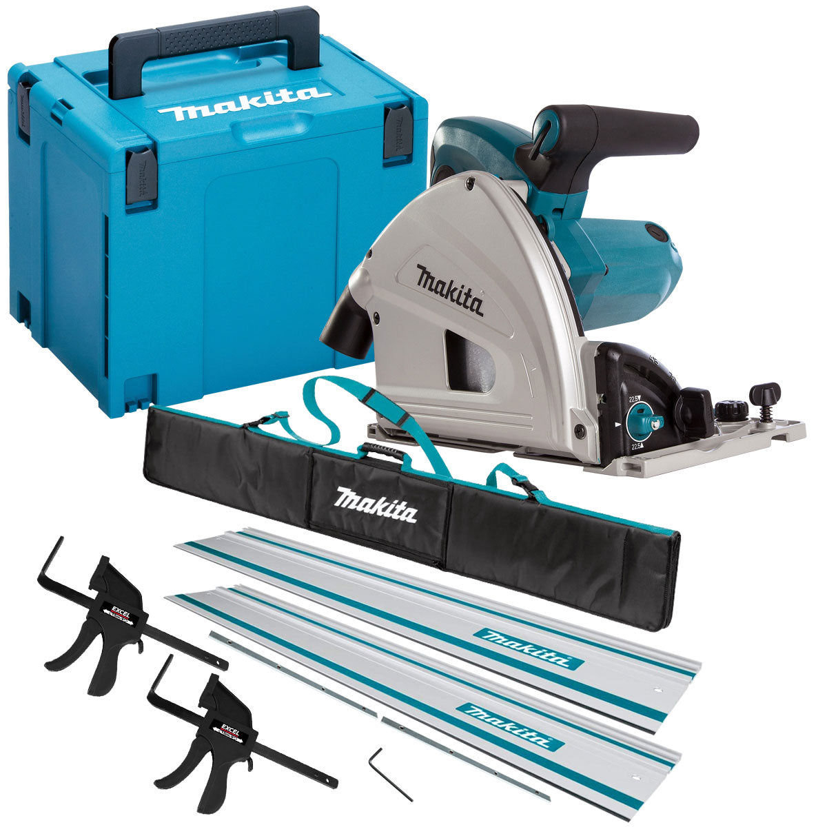 Makita SP6000J2 240V 165mm Plunge Saw with 2 x Rails, Connector Bar, Clamp & Bag