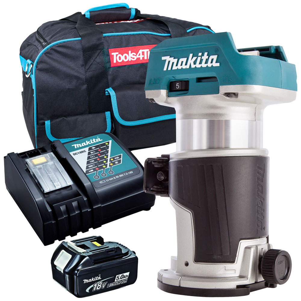 Makita DRT50Z 18V Brushless Router Trimmer with 1 x 5.0Ah Battery Charger & Bag