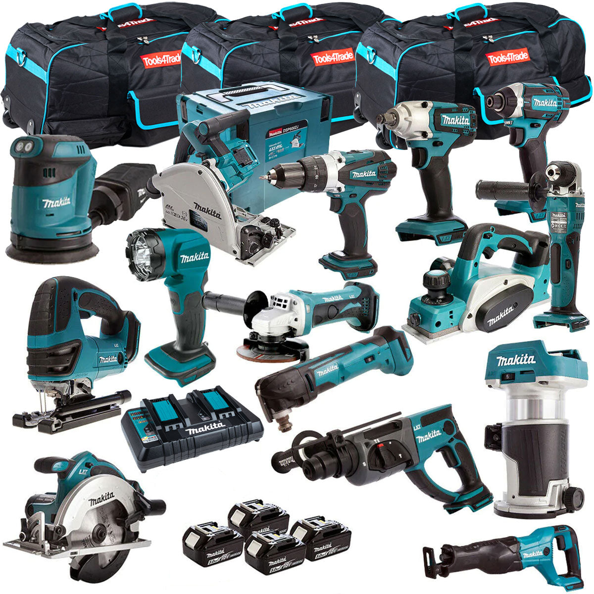 Makita 18V LXT 12 Piece Monster Tool Kit with 4 x 5.0Ah Batteries Charger &  Bag