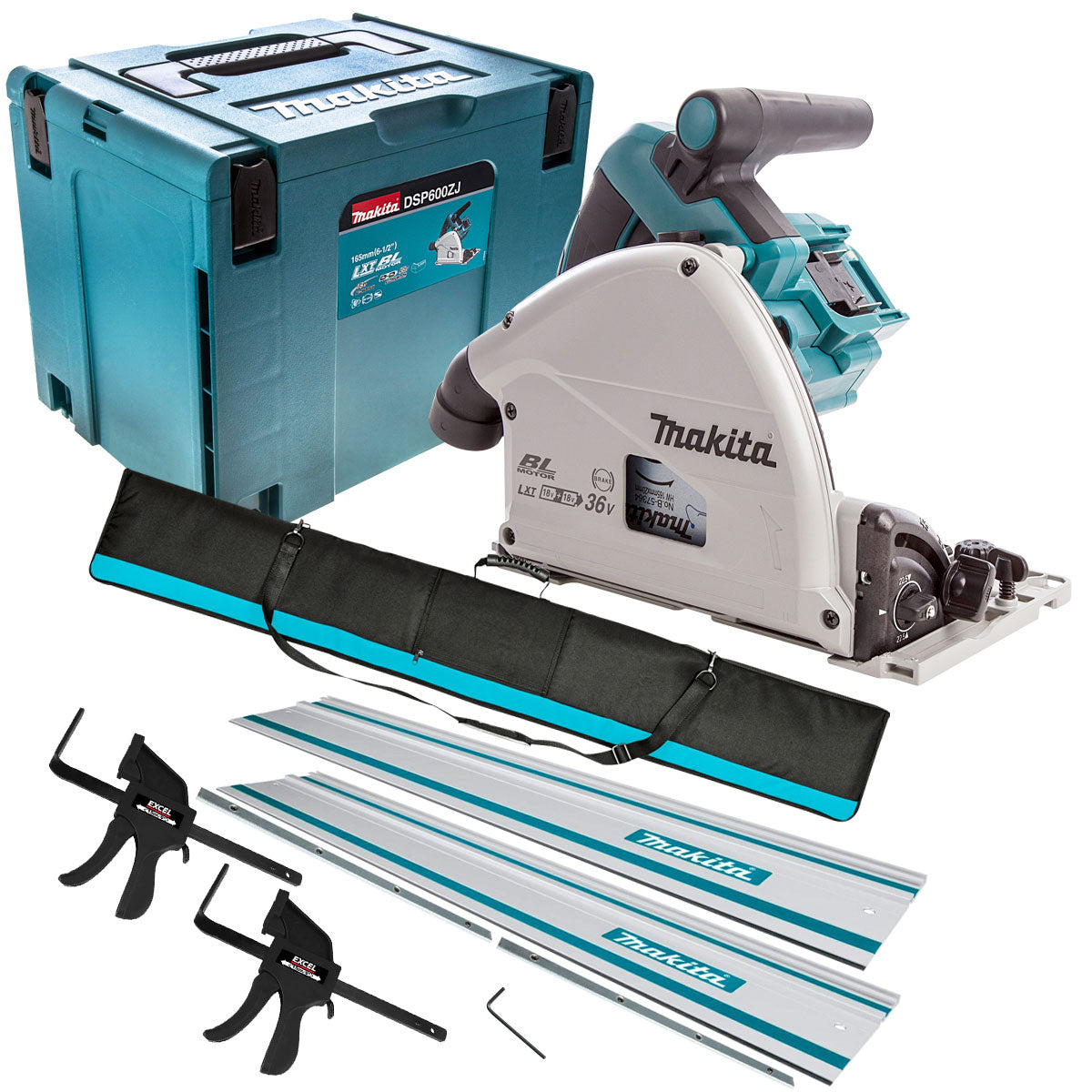 Makita DSP600ZJ 36V Brushless Plunge Saw + 2 x Guide Rail, Connector & Clamp Set