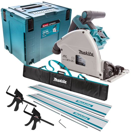 Makita DSP600ZJ 36V Brushless Plunge Saw with 2 x Guide Rail, Clamp, Bag & Case