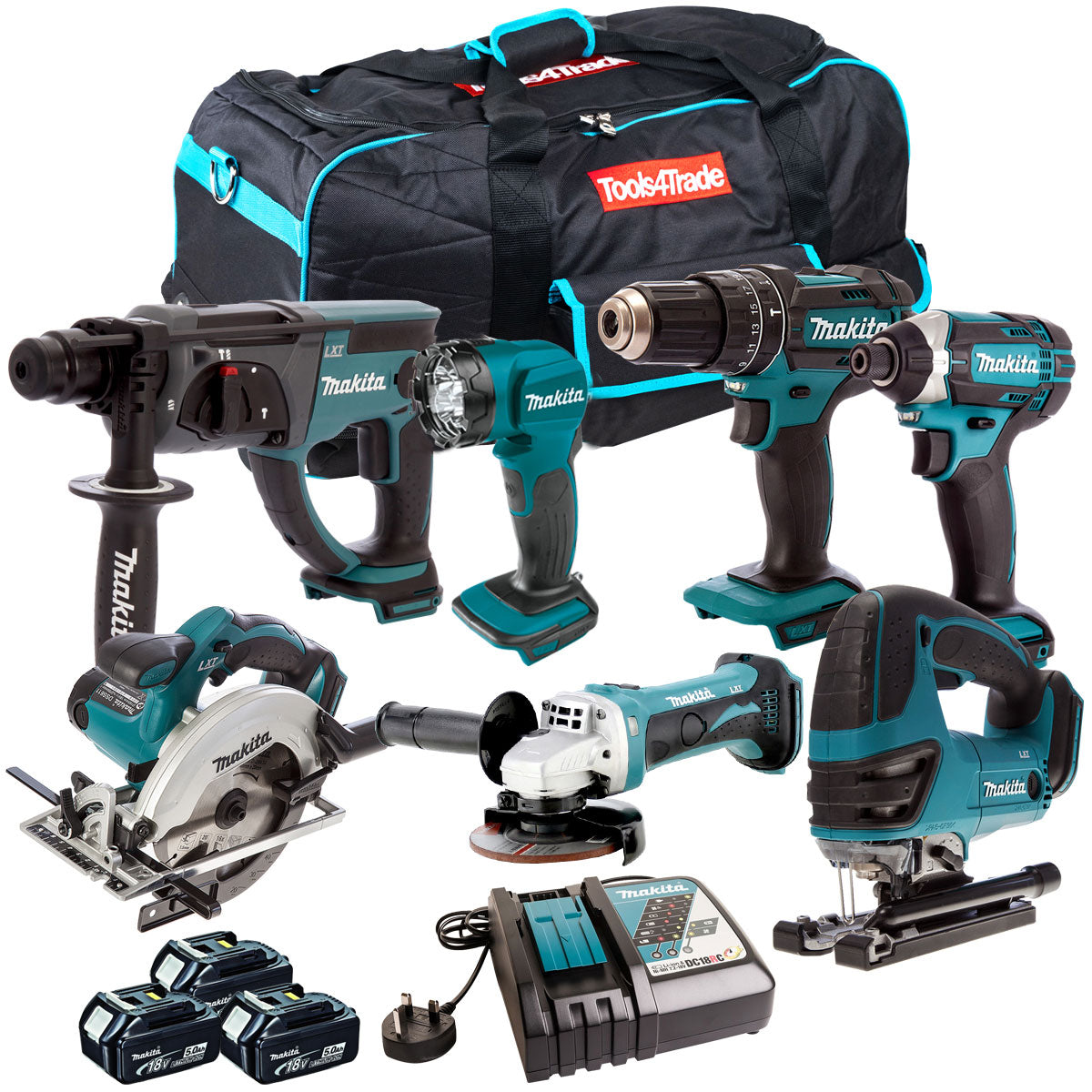 Makita 18V 7 Piece Cordless Kit with 3 x 5.0Ah Batteries & Charger T4TKIT-206