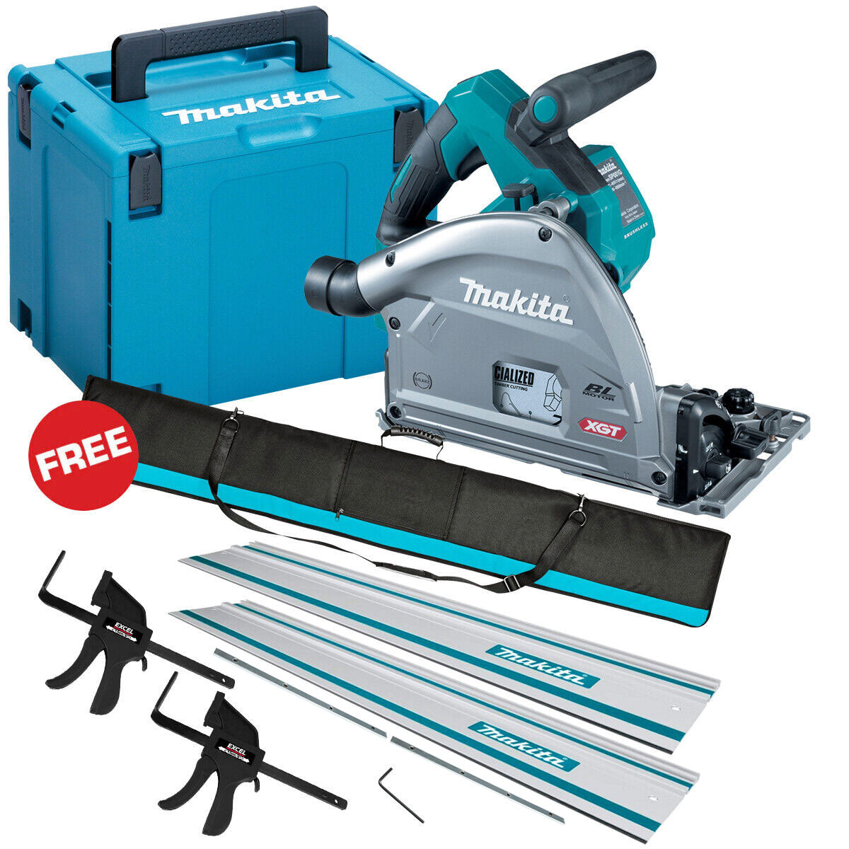 Makita SP001GZ03 40V Brushless Plunge Saw + 2 x Guide Rail Connector & Clamp Set