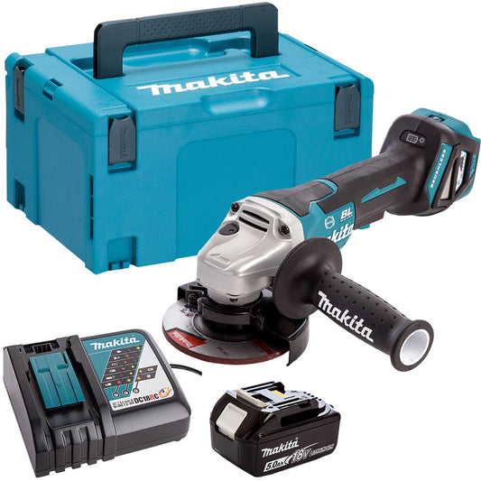 Makita DGA467Z 18V Brushless 115mm Angle Grinder With 1 x 5.0Ah Battery & Charger in Case