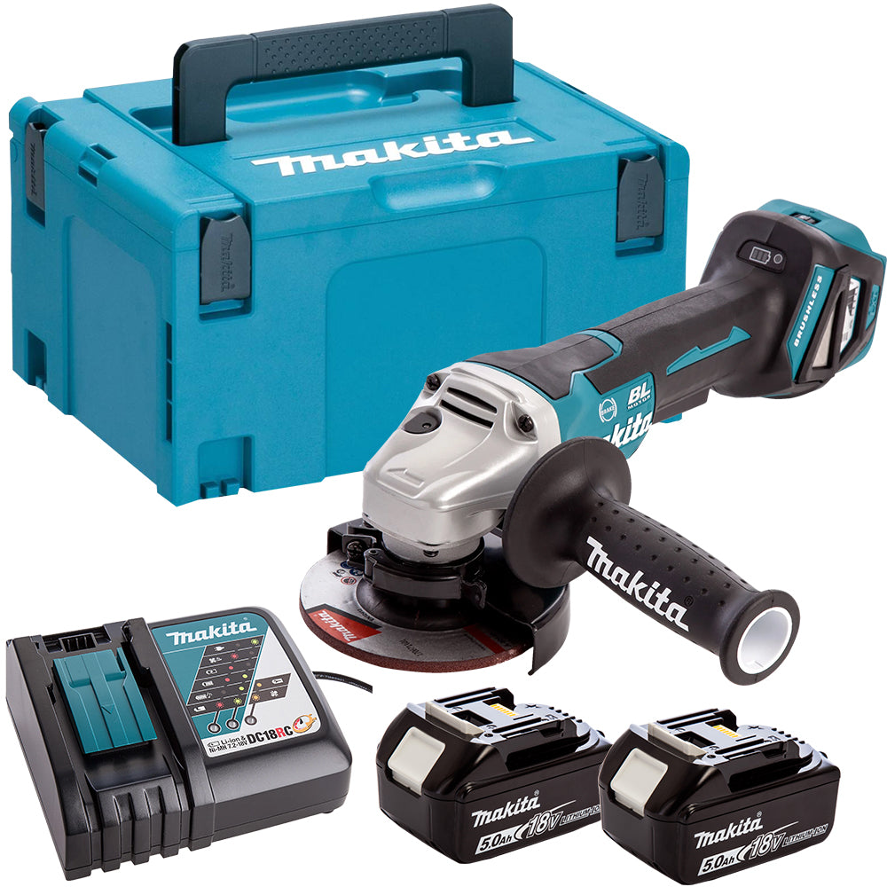 Makita DGA467Z 18V Brushless 115mm Angle Grinder With 2 x 5.0Ah Batteries & Charger in Case