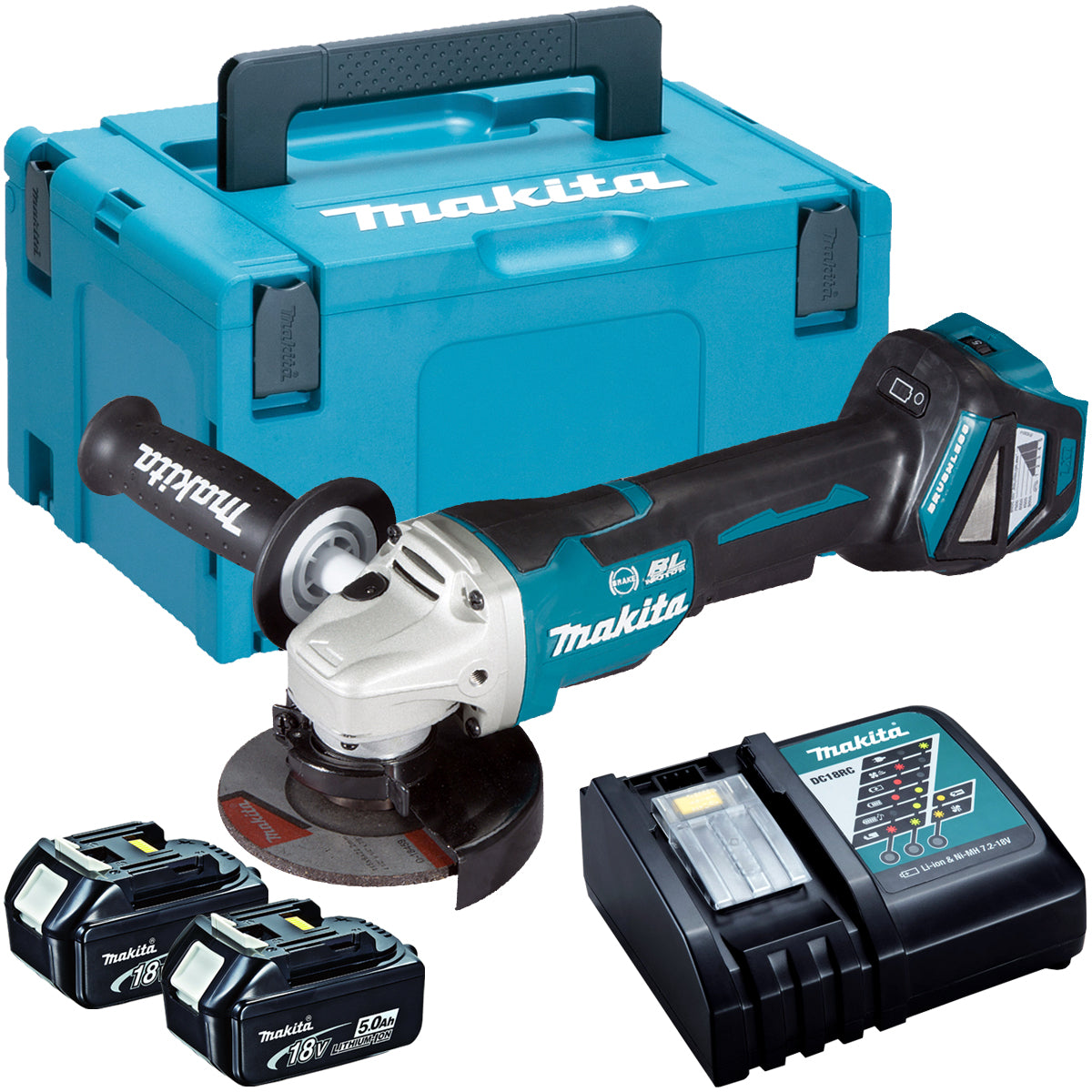 Makita DGA463Z 18V Brushless 115mm Angle Grinder with 2 x 5.0Ah Batteries & Charger in Case