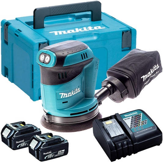 Makita DBO180Z 18V 125mm Sander with 2 x 5.0Ah Battery & Charger in Case