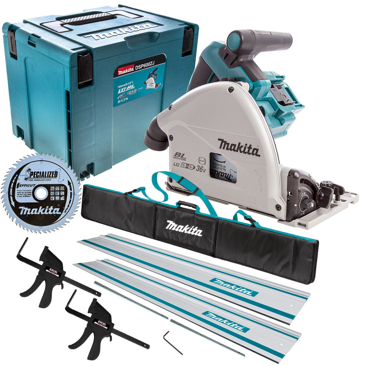 Makita DSP600ZJ 36V Brushless 165mm Plunge Saw with 2x1.5m Guide Rail+Clamp+Bag+Blade